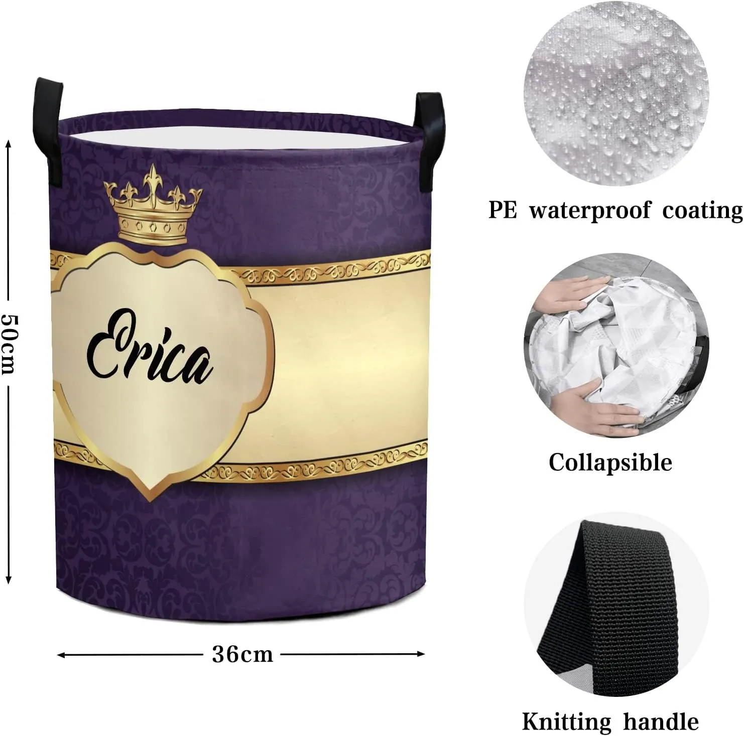 Purple Luxury Crown Personalized Waterproof Foldable Laundry Basket Bag with Handle, Custom Collapsible Clothes Hamper Storage Bin for Toys Laundry Dorm Travel Bathroom