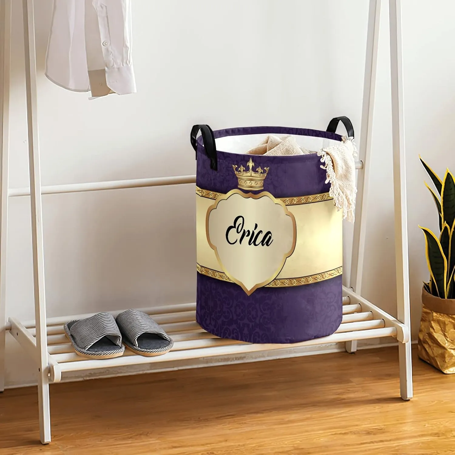 Purple Luxury Crown Personalized Waterproof Foldable Laundry Basket Bag with Handle, Custom Collapsible Clothes Hamper Storage Bin for Toys Laundry Dorm Travel Bathroom