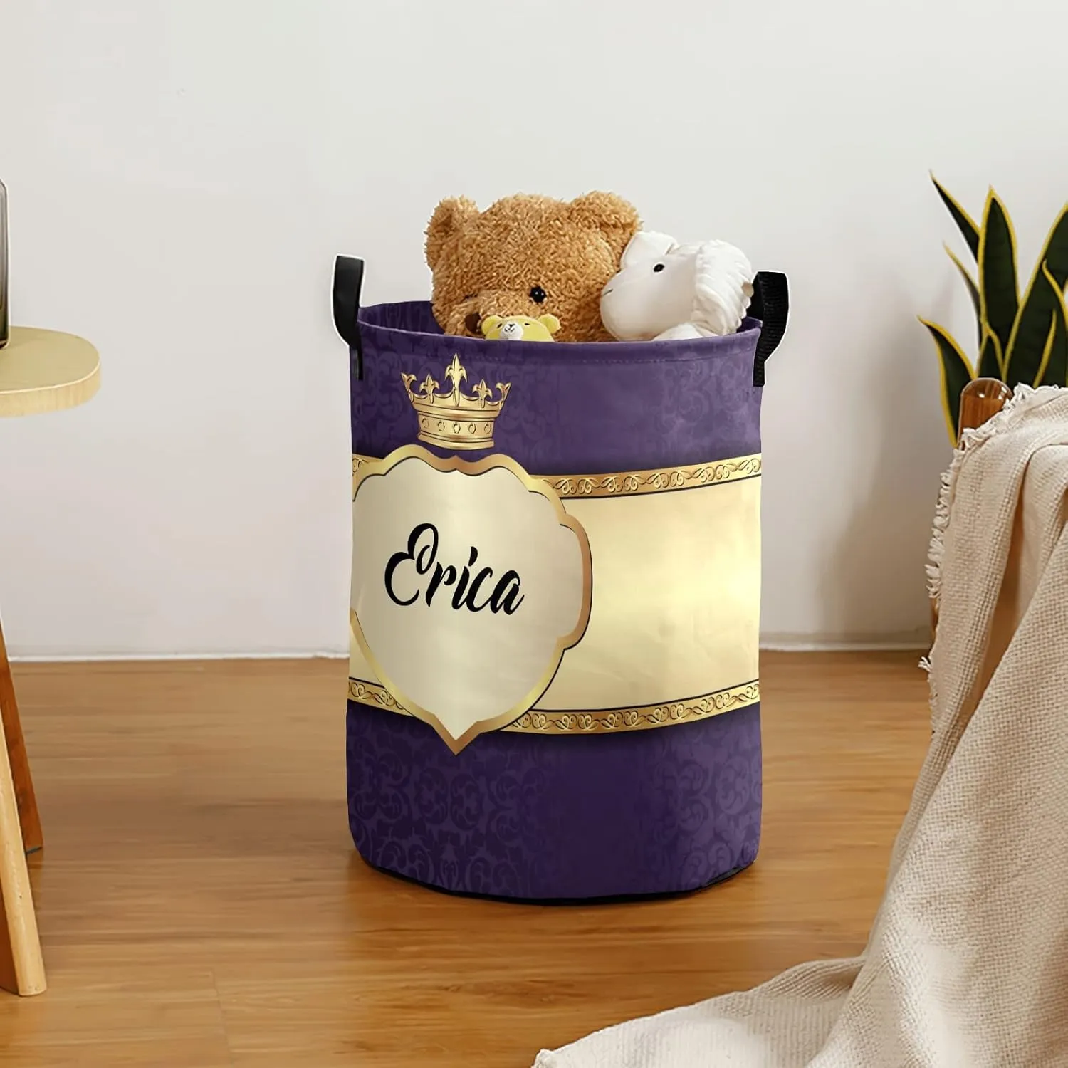 Purple Luxury Crown Personalized Waterproof Foldable Laundry Basket Bag with Handle, Custom Collapsible Clothes Hamper Storage Bin for Toys Laundry Dorm Travel Bathroom