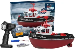 RC Boat, 1/72 2.4Ghz RC Tugboat for Pools and Lakes, High-Speed Remote Control Boat Ship with Low Battery Reminder Boats Water Toys - RTR Version (Black Red)