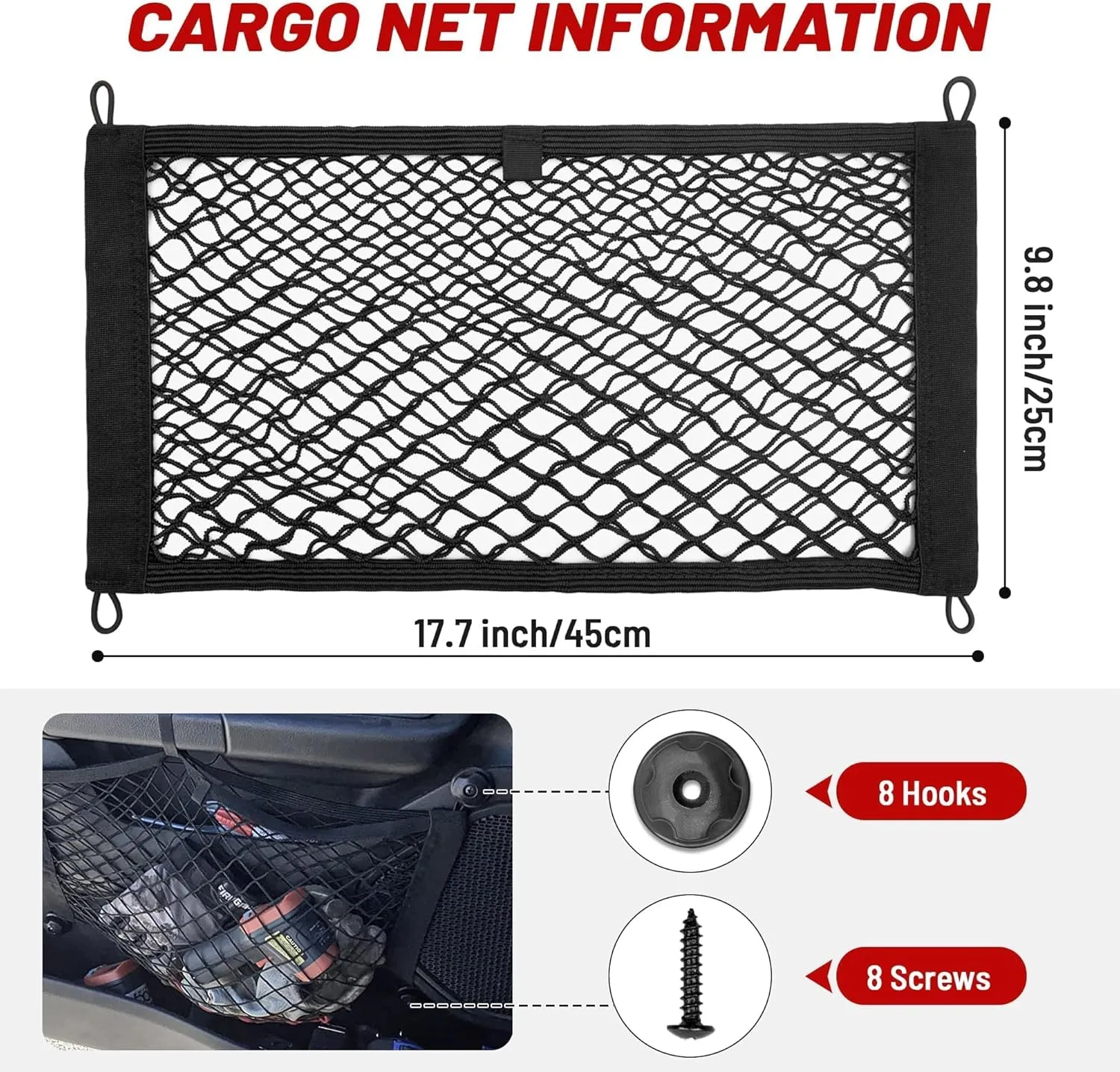 RED WOLF 2 Pcs Small Cargo Net Pocket Elastic Mesh Netting Car Mesh Pouch for Trunk RV Boats Home Cargo Storage with Screws and Hooks (17.7'' x 9.8'')