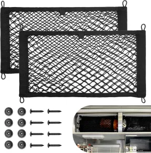 RED WOLF 2 Pcs Small Cargo Net Pocket Elastic Mesh Netting Car Mesh Pouch for Trunk RV Boats Home Cargo Storage with Screws and Hooks (17.7'' x 9.8'')