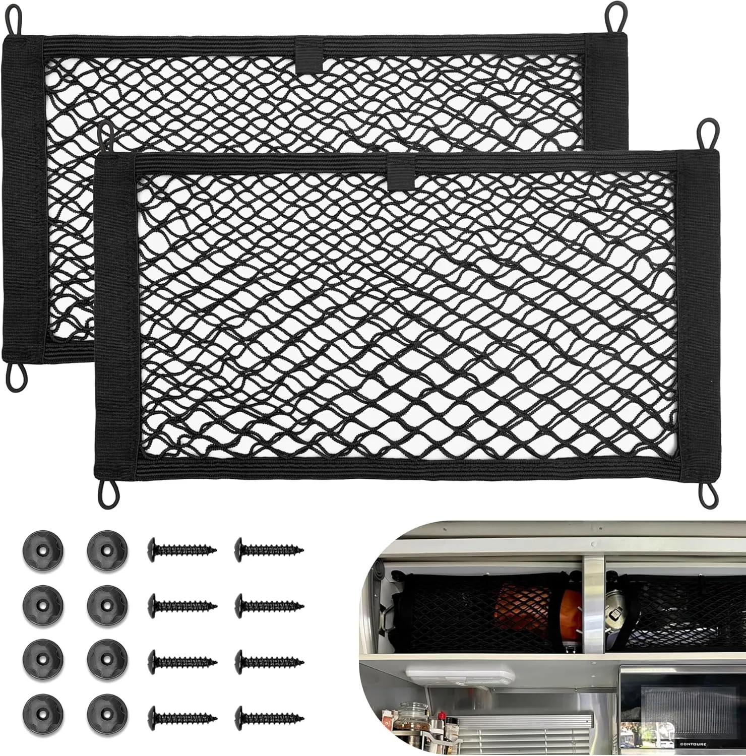 RED WOLF 2 Pcs Small Cargo Net Pocket Elastic Mesh Netting Car Mesh Pouch for Trunk RV Boats Home Cargo Storage with Screws and Hooks (17.7'' x 9.8'')