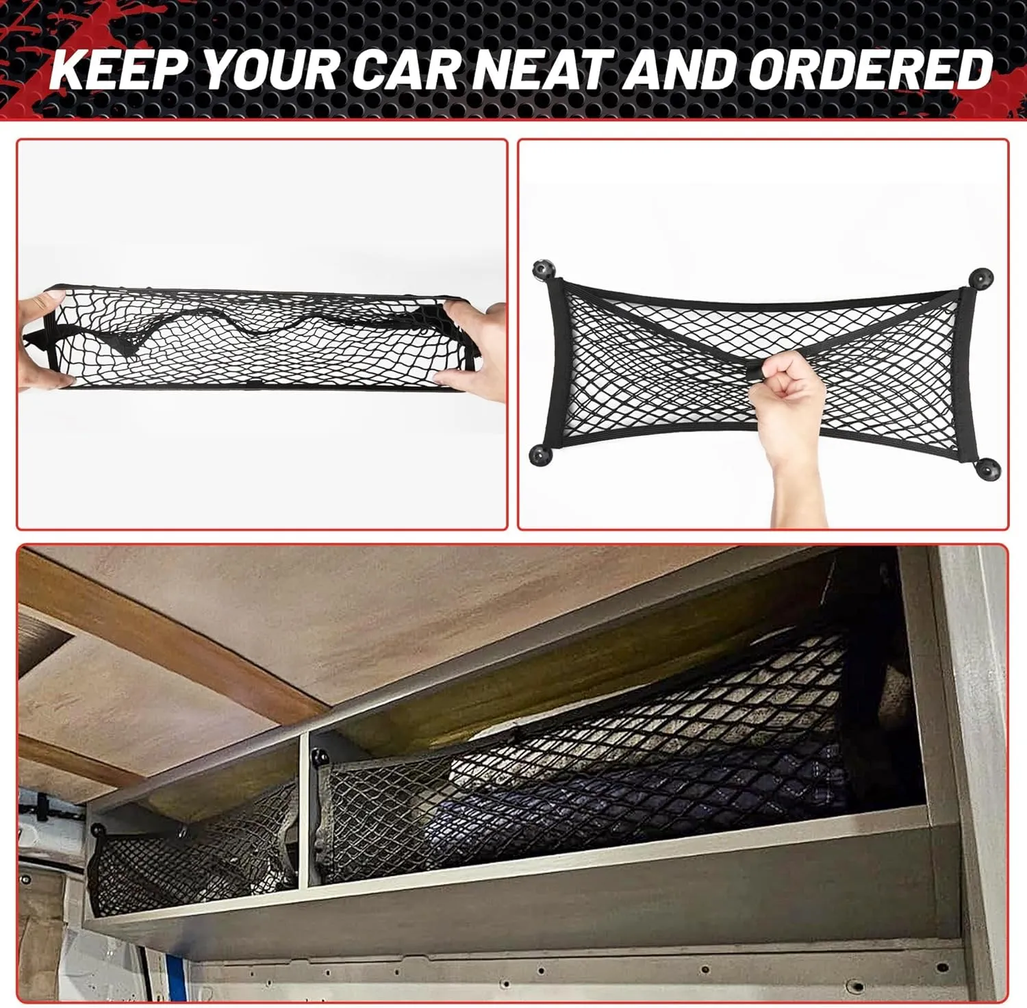 RED WOLF 2 Pcs Universal Elastic Mesh Netting Car Pouch for Trunk RV Boats Home Cargo Storage with Screws and Hooks (23.6'' x 9.8'')