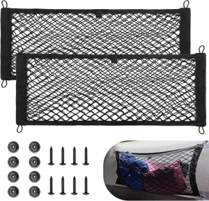 RED WOLF 2 Pcs Universal Elastic Mesh Netting Car Pouch for Trunk RV Boats Home Cargo Storage with Screws and Hooks (23.6'' x 9.8'')