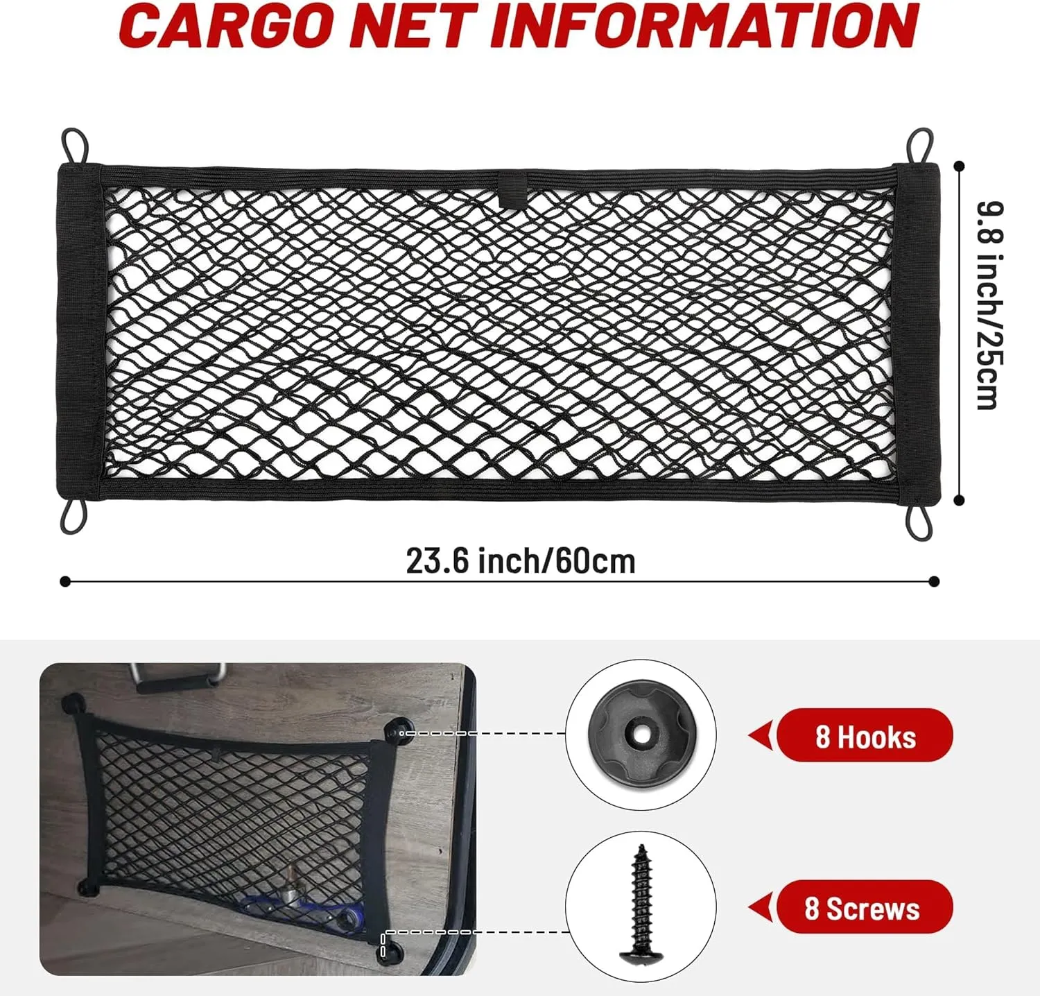 RED WOLF 2 Pcs Universal Elastic Mesh Netting Car Pouch for Trunk RV Boats Home Cargo Storage with Screws and Hooks (23.6'' x 9.8'')