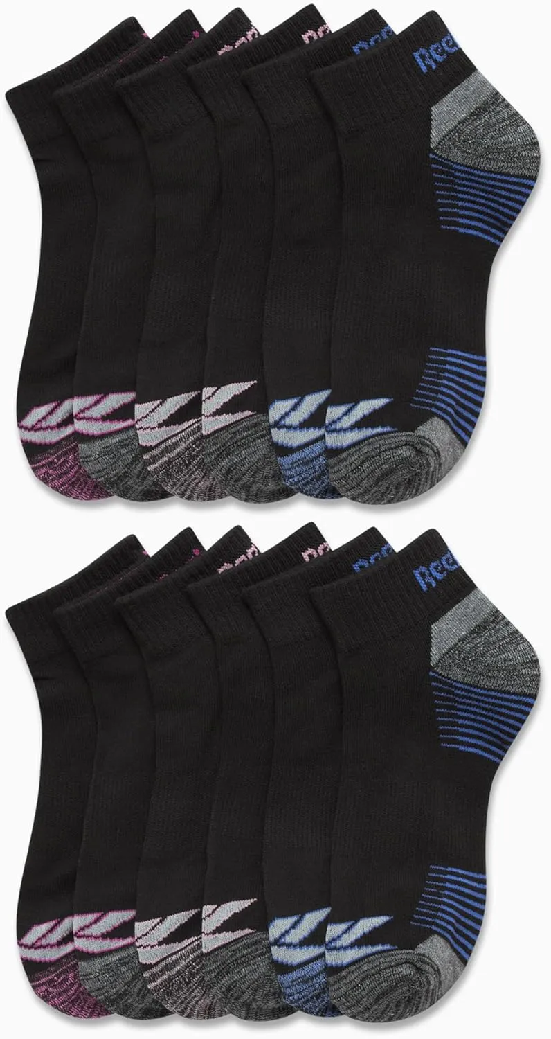Reebok Women's Quarter Crew Socks - 12 Pack Performance Cushion Comfort Crew Socks - Athletic Socks for Women (4-10)