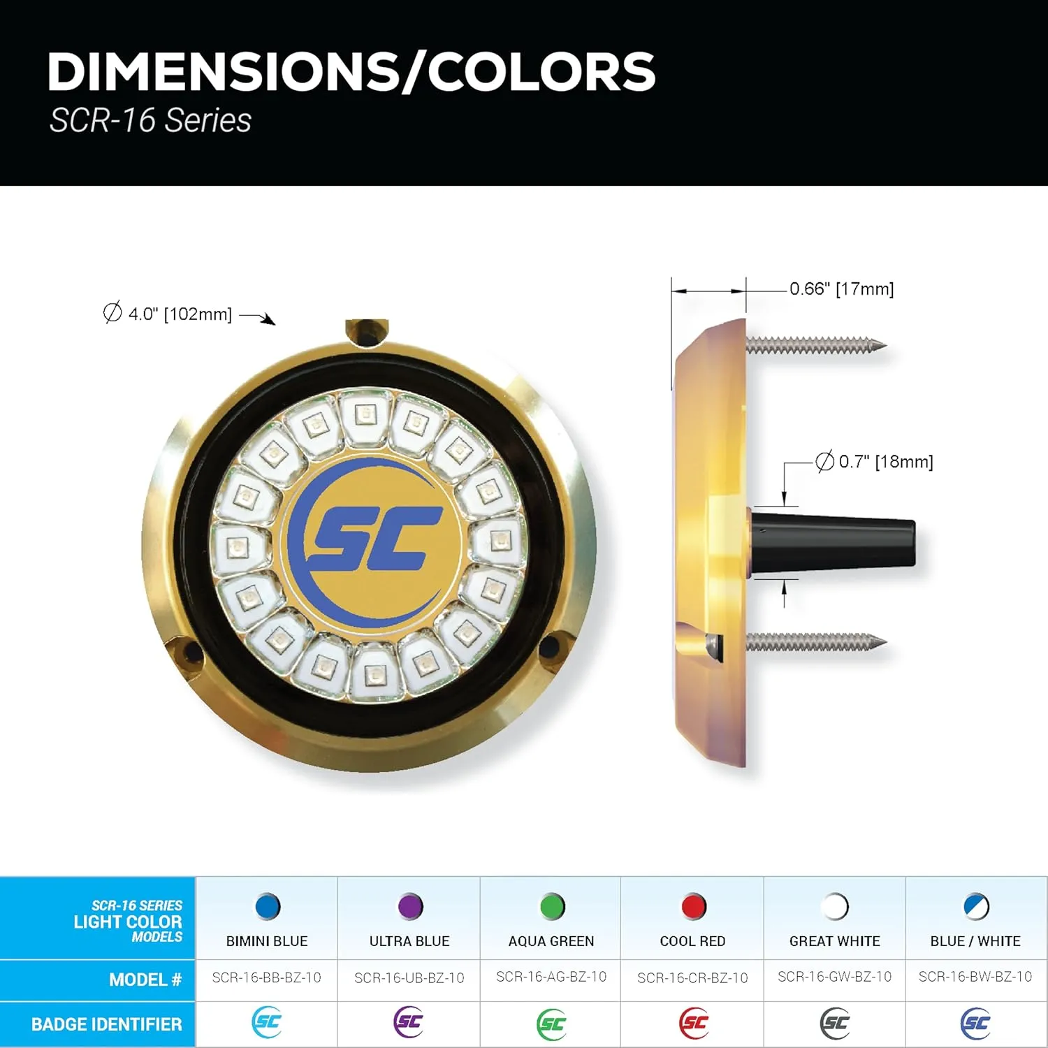 SCR-16 LED Underwater Boat Light - Great White - Bronze Housing - 60W Suface Mount - Tempered Glass Lens - IP68 Fully Submersible Waterproof