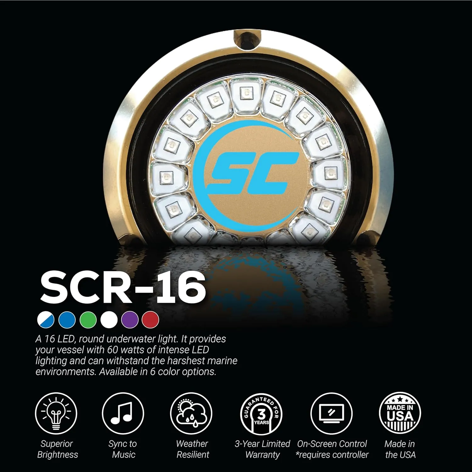 SCR-16 LED Underwater Boat Light - Great White - Bronze Housing - 60W Suface Mount - Tempered Glass Lens - IP68 Fully Submersible Waterproof