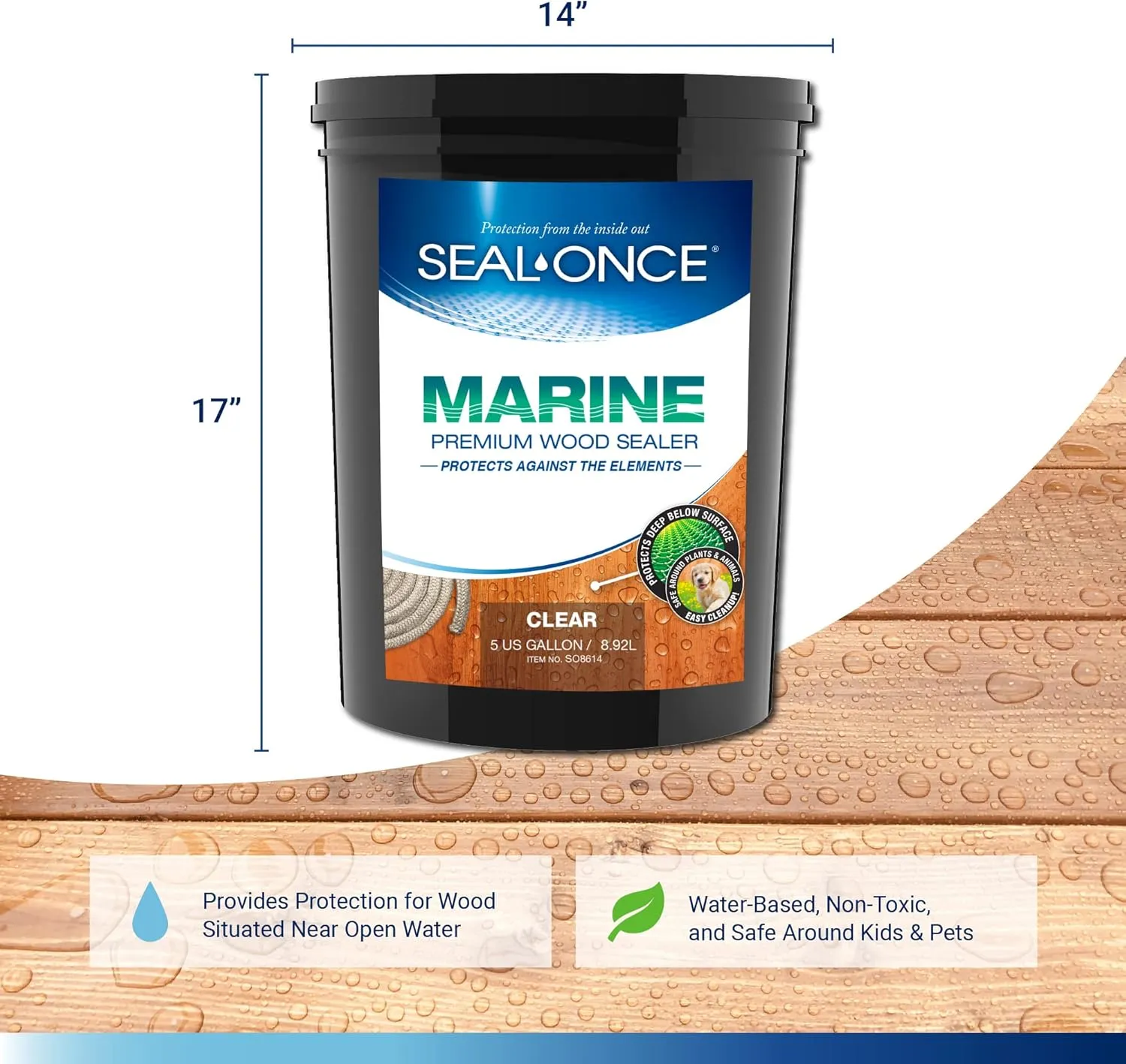 Seal-Once Marine Premium Wood Sealer - Waterproof Sealant - Wood Stain and Sealer in One - 5 Gallon & Clear