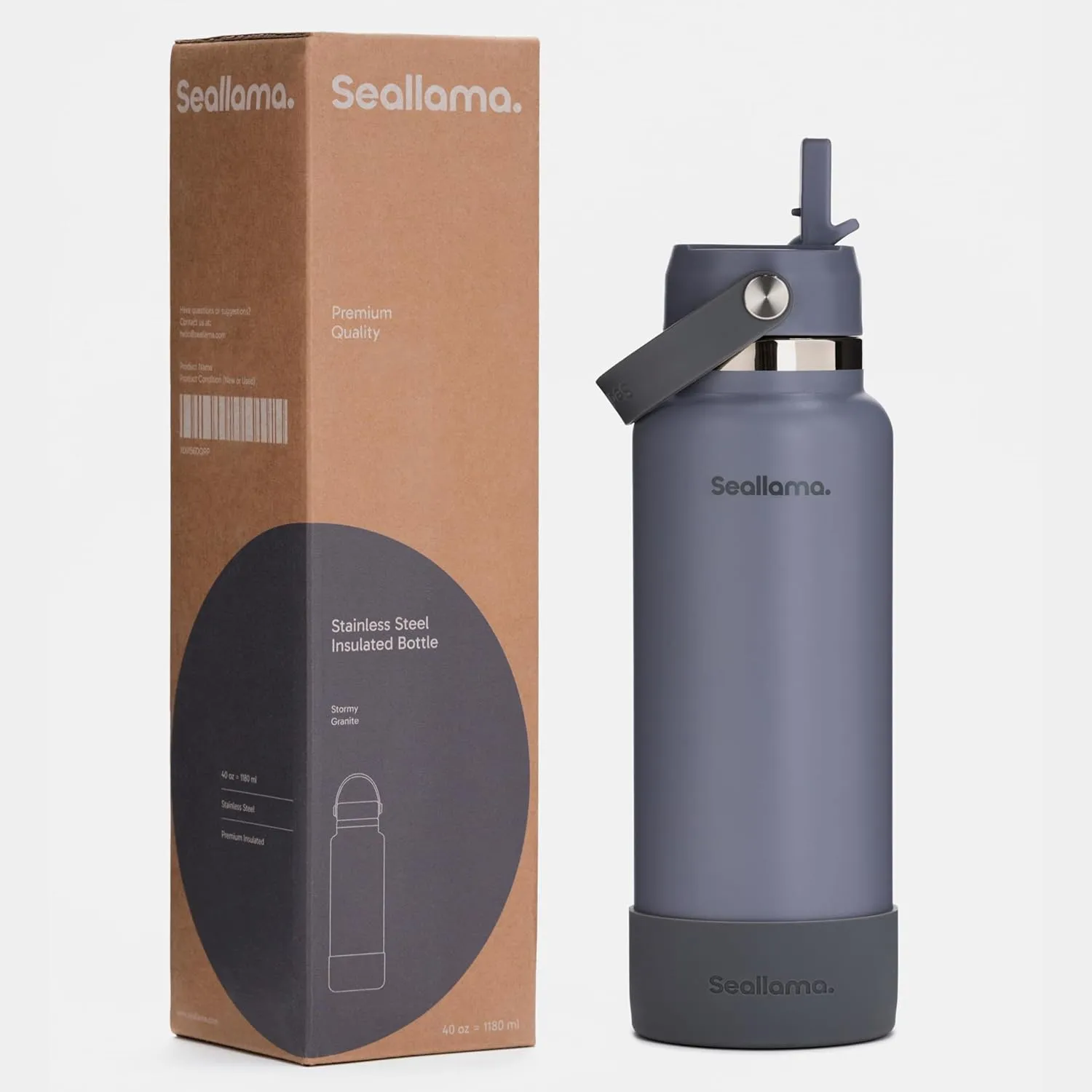 Seallama. Stainless Steel Wide Mouth Water Bottle - 2 Lids (Flex Straw Lid) and Double-Wall Vacuum Insulation - Leak Proof, BPA-Free, for Travel, Sports, School, and Car (Stormy Granite, 40 oz)