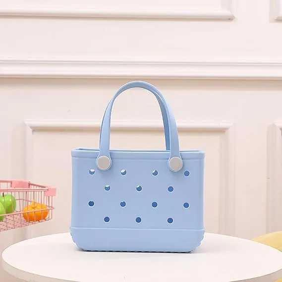 Small Beach Tote Bag, Portable Mini Rubber Tote Bag for Women, 11" x 8.5" x 4.5" Waterproof Cute Beach Bag for Sports