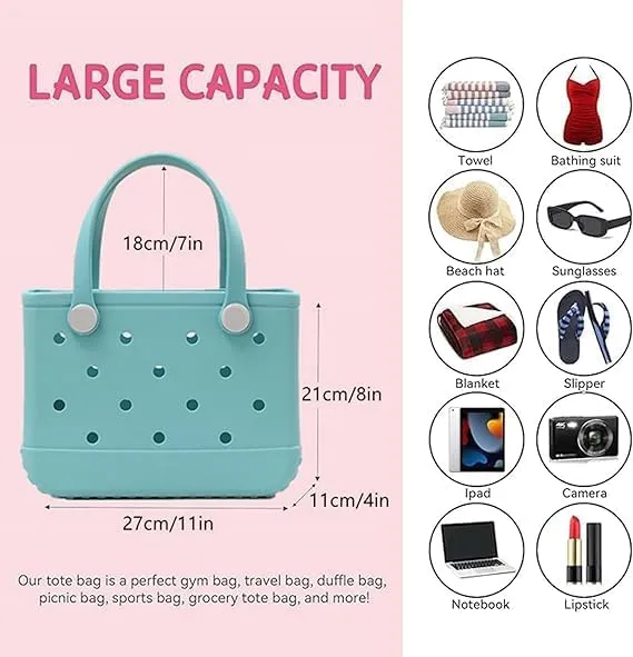 Small Beach Tote Bag, Portable Mini Rubber Tote Bag for Women, 11" x 8.5" x 4.5" Waterproof Cute Beach Bag for Sports