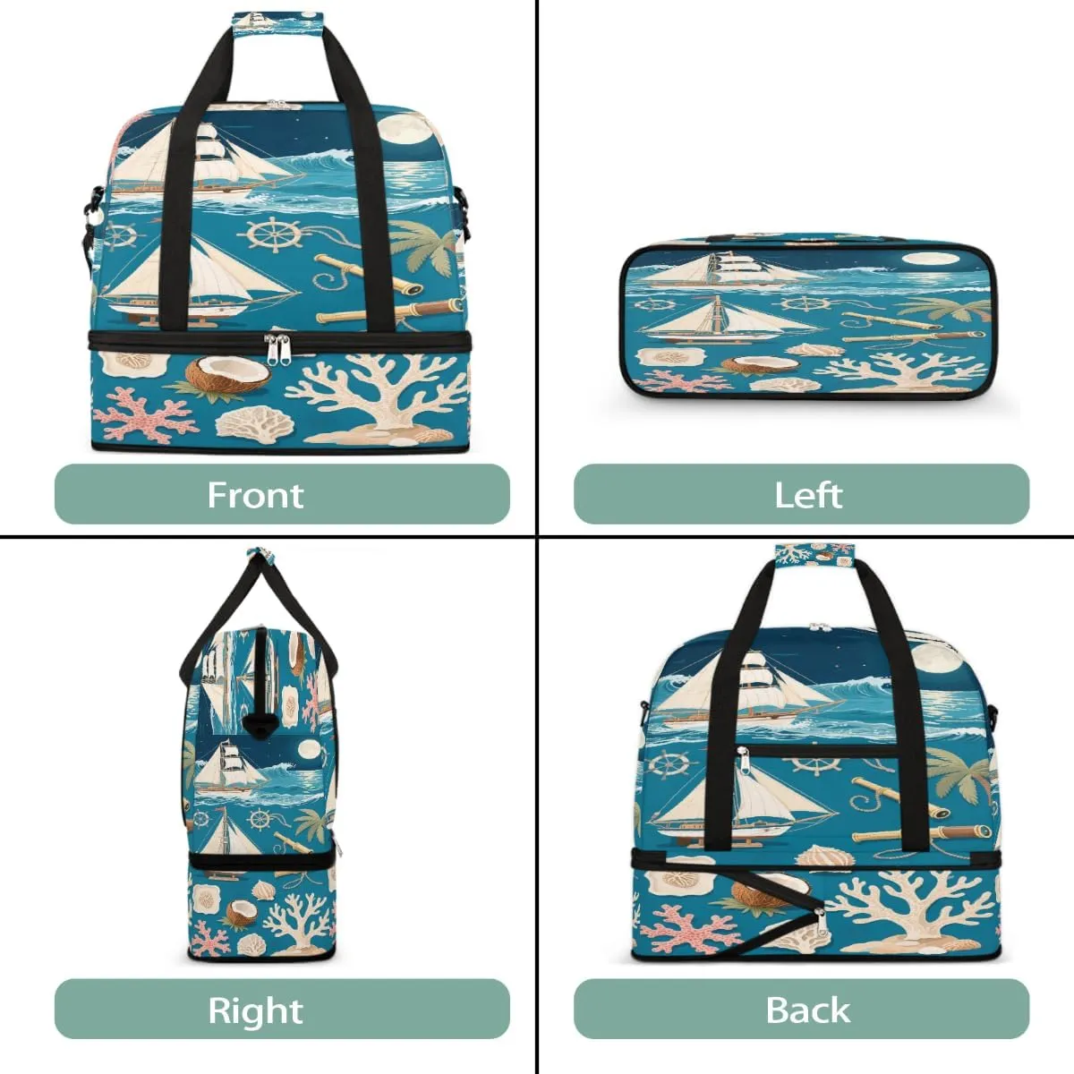 Sports Gym Bag Palm Trees Ocean Boat Large Travel Duffel Bag With Shoe Compartment Foldable Waterproof Carry-On Weekend Travel Bags for Camping Overnight Yoga Hospital Travel Bags