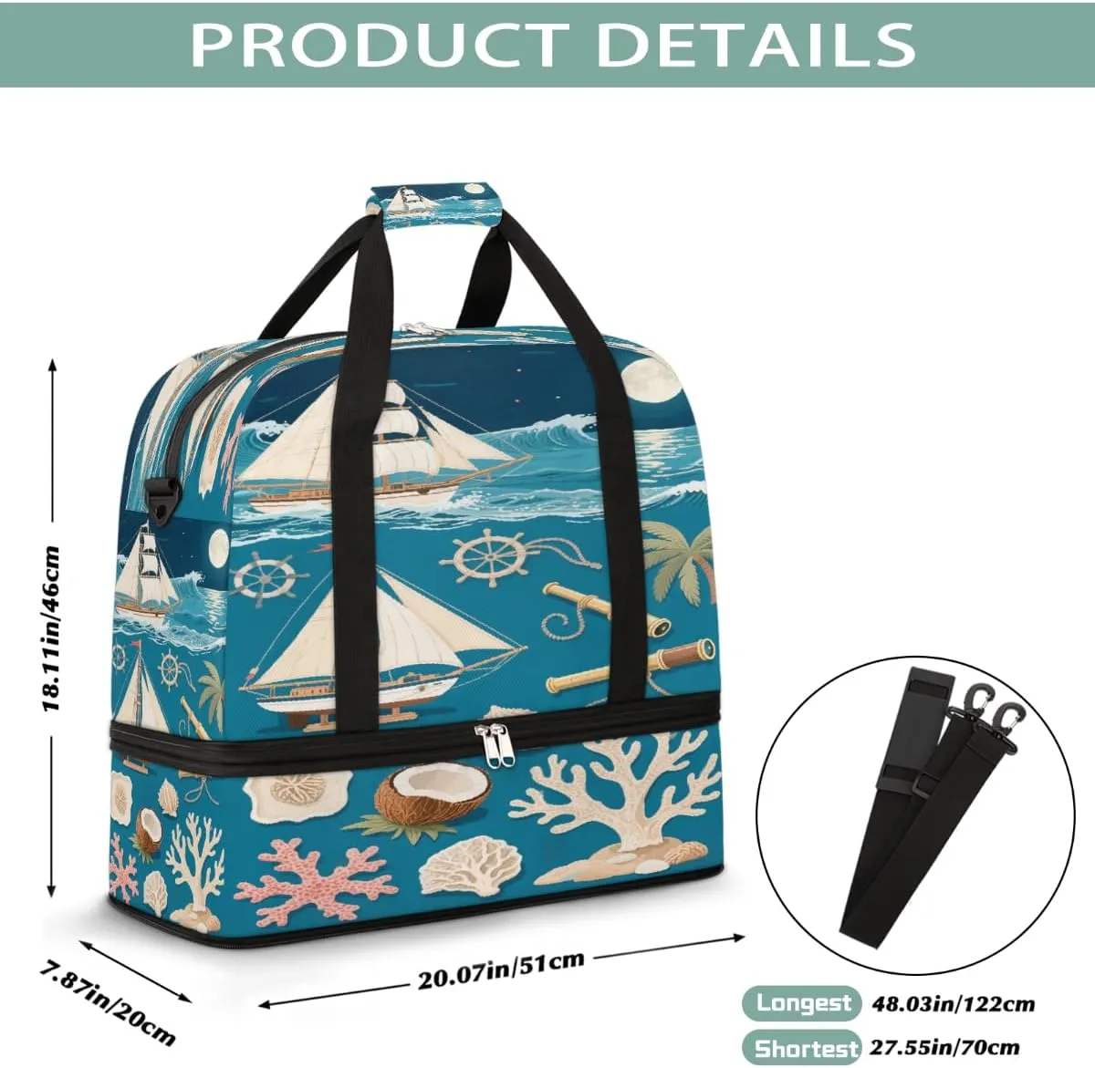 Sports Gym Bag Palm Trees Ocean Boat Large Travel Duffel Bag With Shoe Compartment Foldable Waterproof Carry-On Weekend Travel Bags for Camping Overnight Yoga Hospital Travel Bags