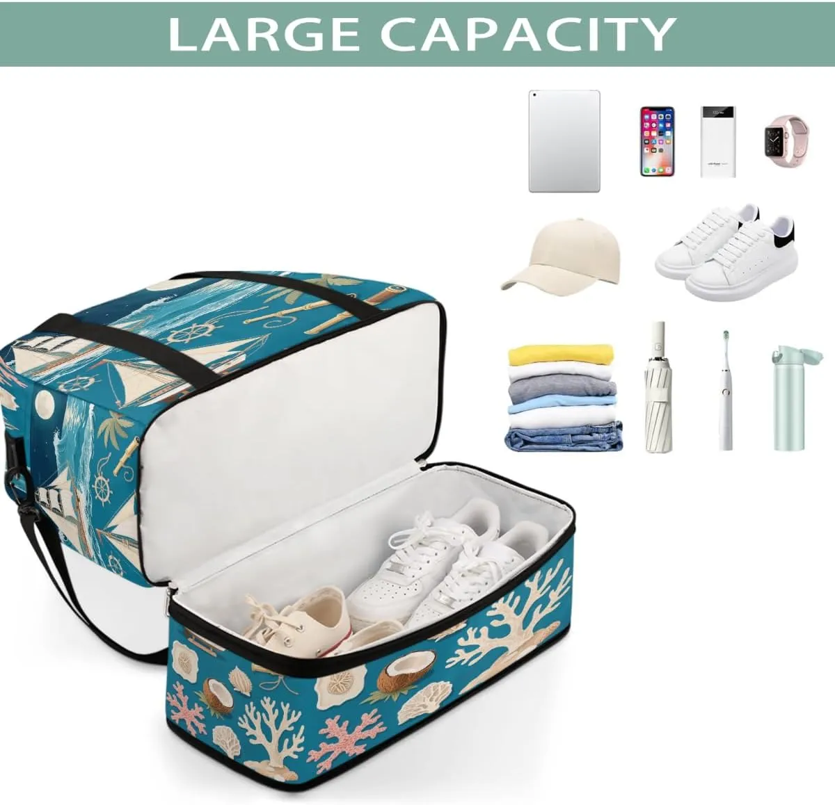 Sports Gym Bag Palm Trees Ocean Boat Large Travel Duffel Bag With Shoe Compartment Foldable Waterproof Carry-On Weekend Travel Bags for Camping Overnight Yoga Hospital Travel Bags