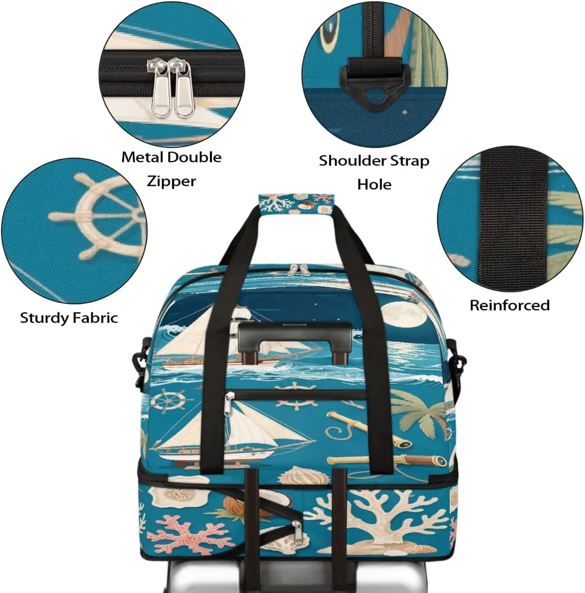Sports Gym Bag Palm Trees Ocean Boat Large Travel Duffel Bag With Shoe Compartment Foldable Waterproof Carry-On Weekend Travel Bags for Camping Overnight Yoga Hospital Travel Bags