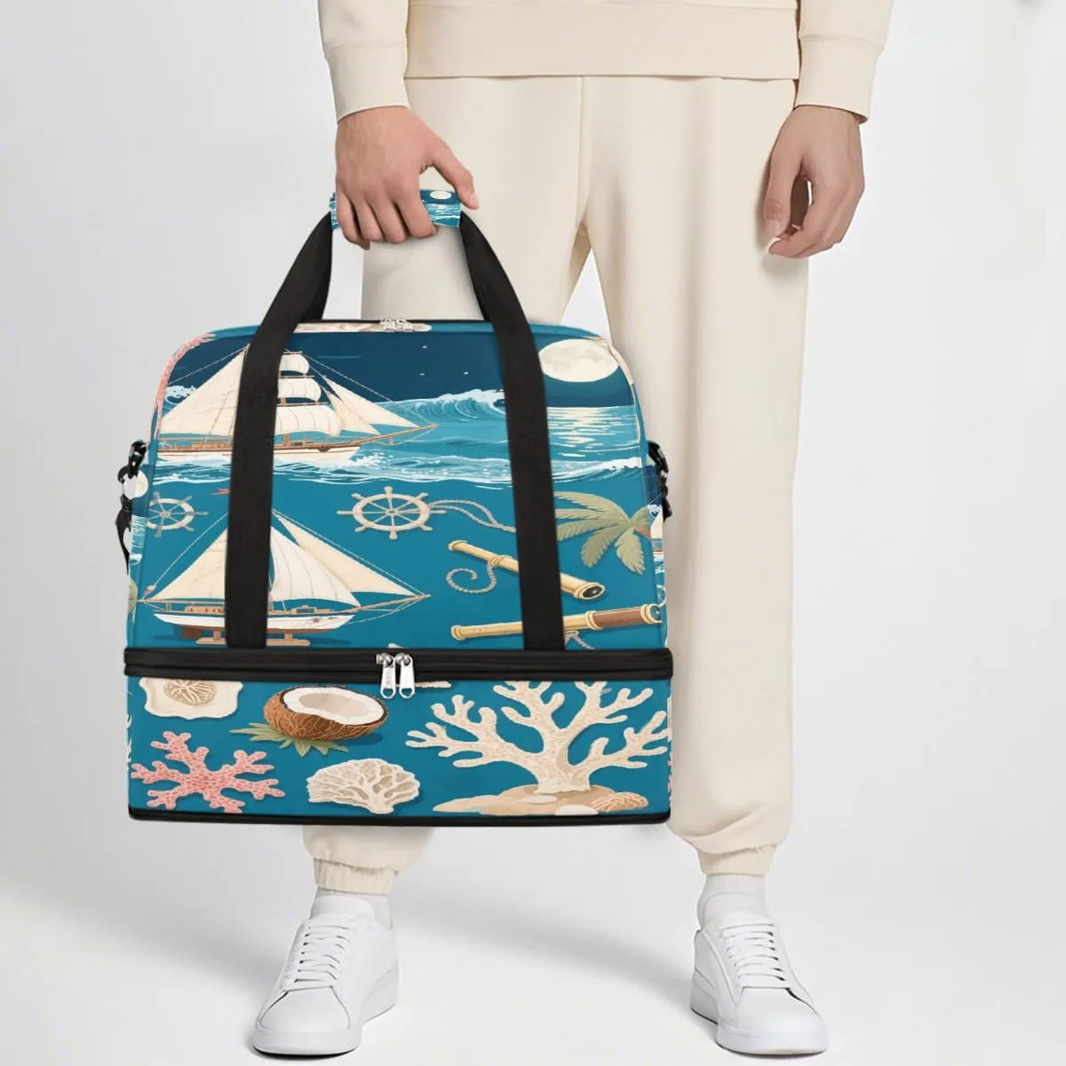 Sports Gym Bag Palm Trees Ocean Boat Large Travel Duffel Bag With Shoe Compartment Foldable Waterproof Carry-On Weekend Travel Bags for Camping Overnight Yoga Hospital Travel Bags