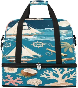 Sports Gym Bag Palm Trees Ocean Boat Large Travel Duffel Bag With Shoe Compartment Foldable Waterproof Carry-On Weekend Travel Bags for Camping Overnight Yoga Hospital Travel Bags