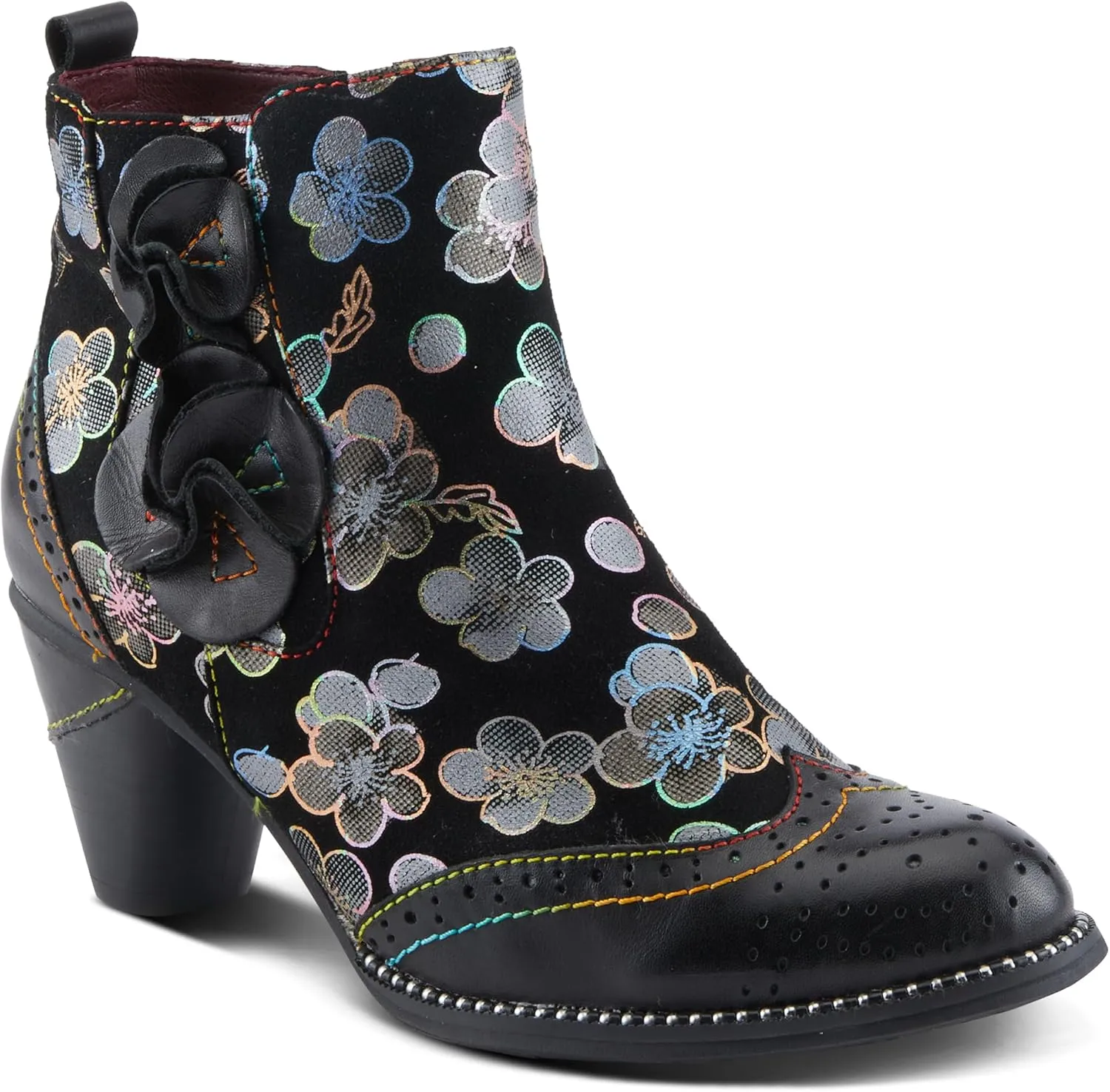 Spring Step L'Artiste Glynn Women's Floral Oxford Bootie - Pretty & Punk, Suede with Rainbow Stitching