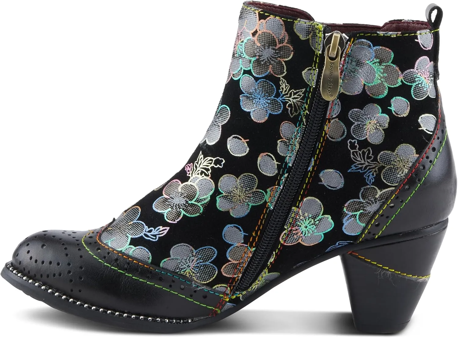 Spring Step L'Artiste Glynn Women's Floral Oxford Bootie - Pretty & Punk, Suede with Rainbow Stitching