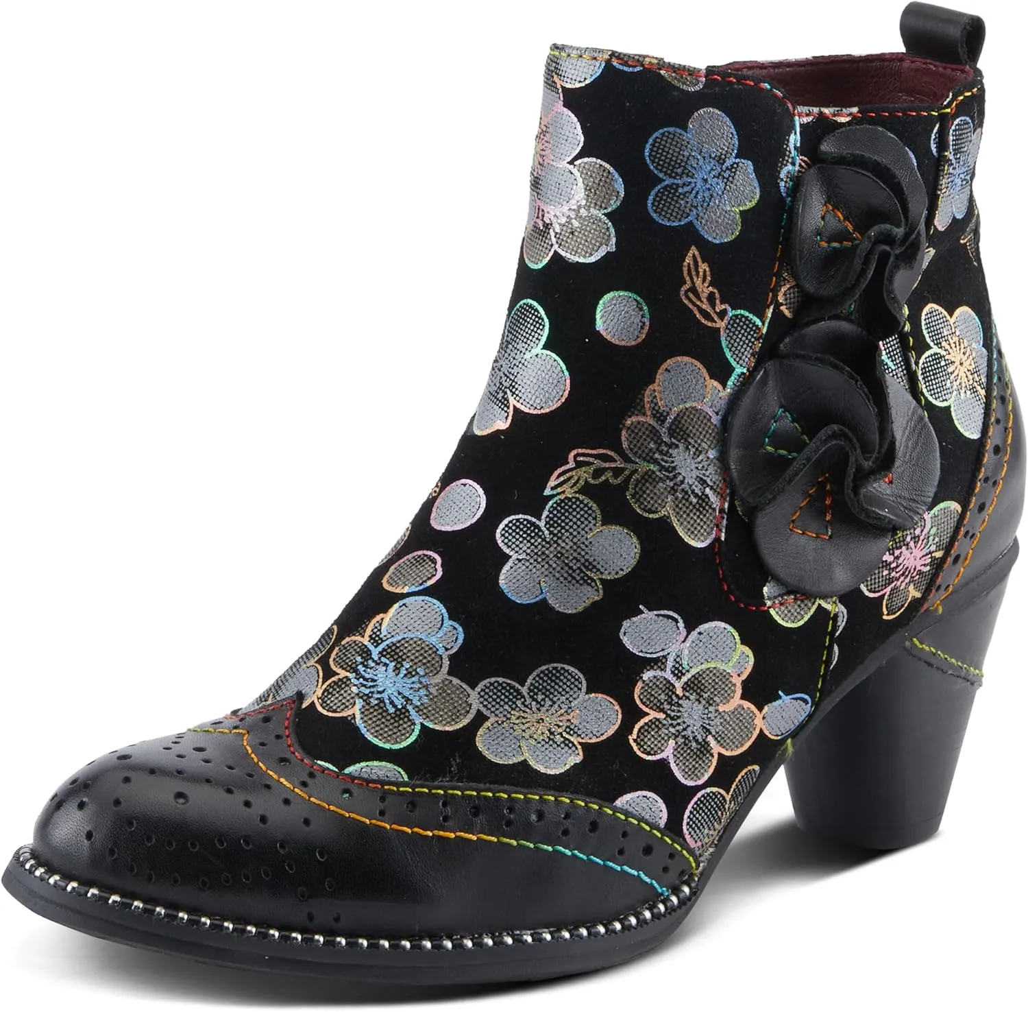 Spring Step L'Artiste Glynn Women's Floral Oxford Bootie - Pretty & Punk, Suede with Rainbow Stitching