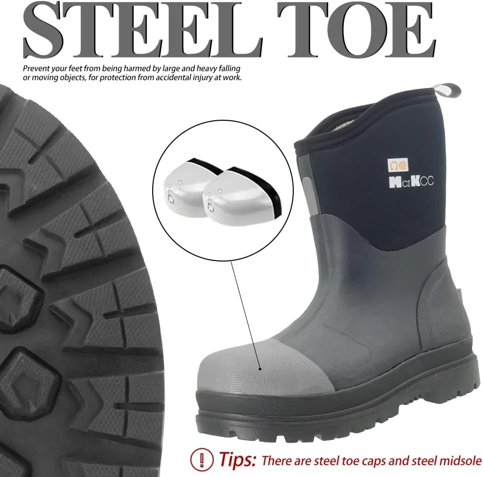 Steel Toe Work Boot for Men, Waterproof Rubber Safety boots, Mid-Calf Durable Protective Footwear, Construction Boot for Industrial Working