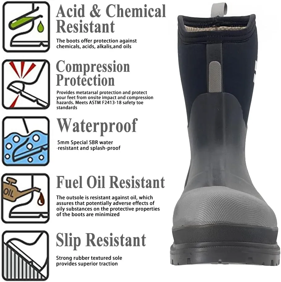 Steel Toe Work Boot for Men, Waterproof Rubber Safety boots, Mid-Calf Durable Protective Footwear, Construction Boot for Industrial Working