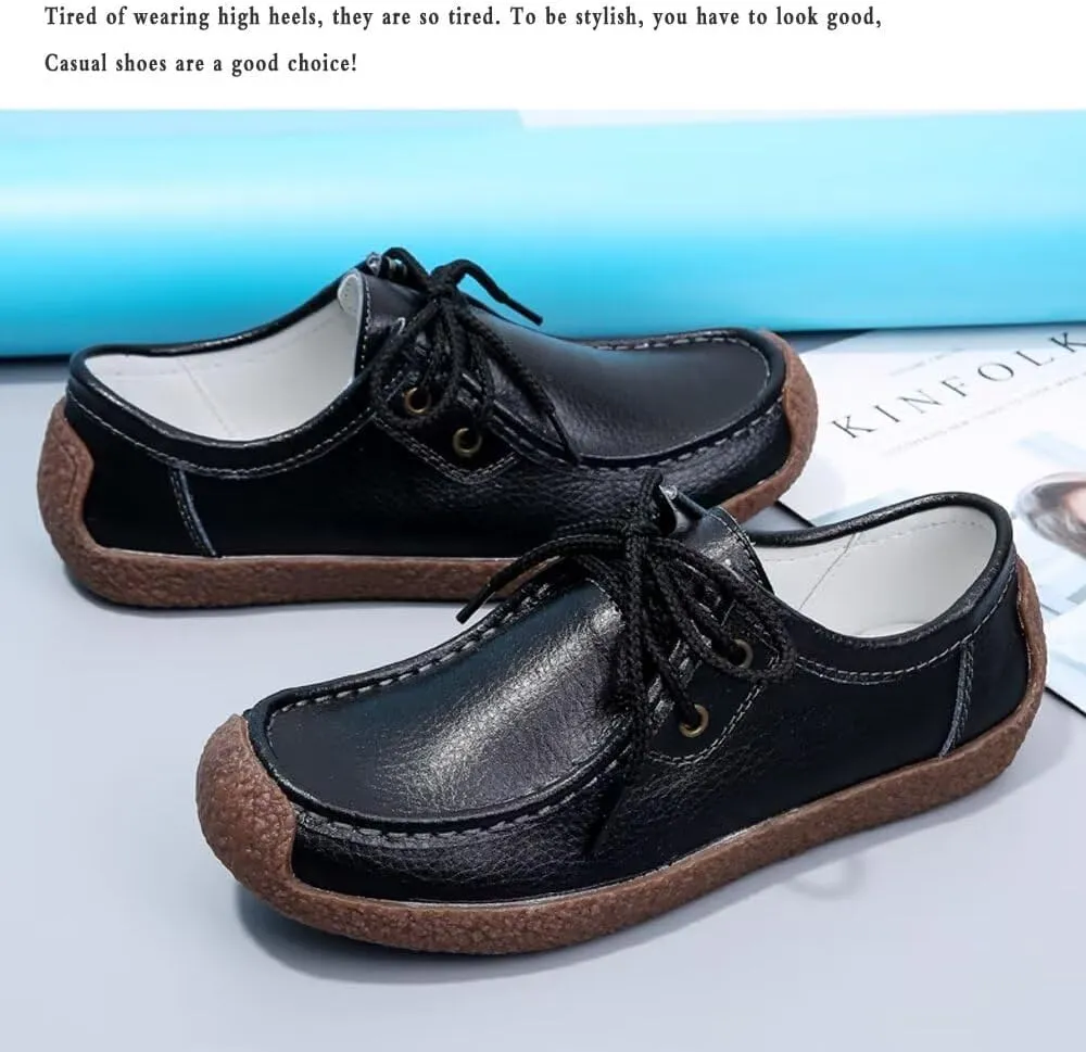 Sunporx Women's Lace-up Moccasin Lefse Shoes Driving Leather Oxford Shoe Non-Slip Comfortable Flat Bottom Walking Shoes