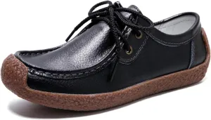 Sunporx Women's Lace-up Moccasin Lefse Shoes Driving Leather Oxford Shoe Non-Slip Comfortable Flat Bottom Walking Shoes