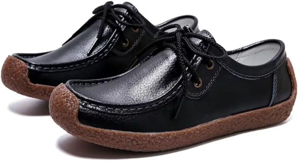 Sunporx Women's Lace-up Moccasin Lefse Shoes Driving Leather Oxford Shoe Non-Slip Comfortable Flat Bottom Walking Shoes