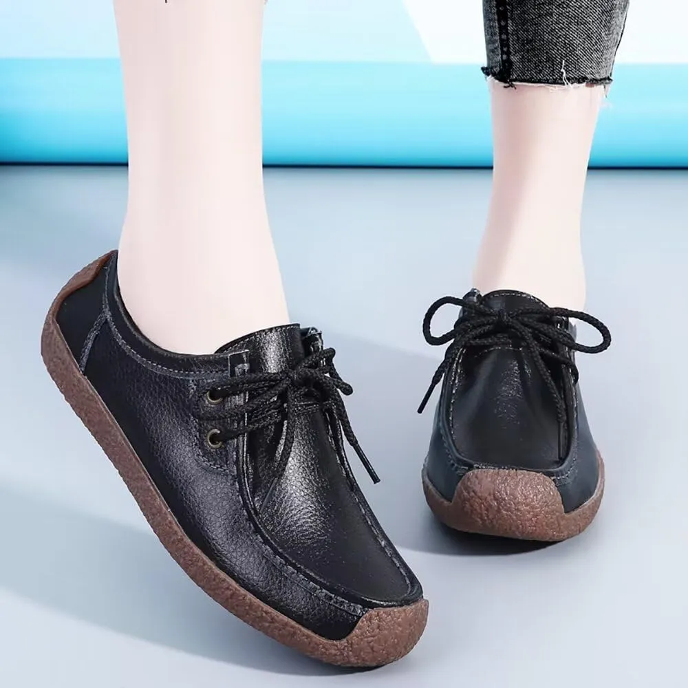 Sunporx Women's Lace-up Moccasin Lefse Shoes Driving Leather Oxford Shoe Non-Slip Comfortable Flat Bottom Walking Shoes
