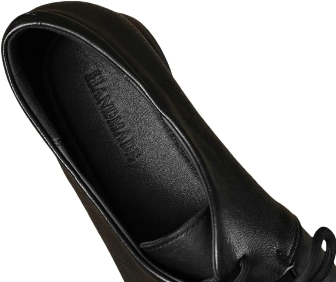 TinaCus Genuine Leather Women's Round Toe Handmade Selftie Low Chunky Heels Casual Oxford Shoes