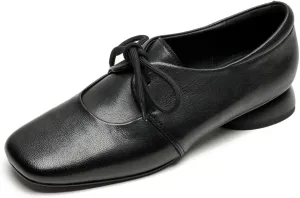 TinaCus Genuine Leather Women's Round Toe Handmade Selftie Low Chunky Heels Casual Oxford Shoes