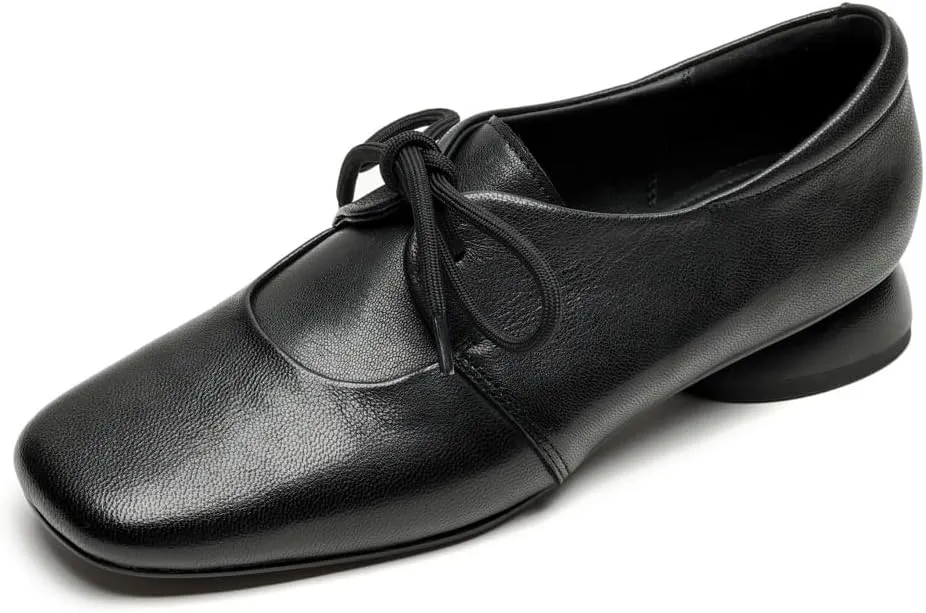 TinaCus Genuine Leather Women's Round Toe Handmade Selftie Low Chunky Heels Casual Oxford Shoes