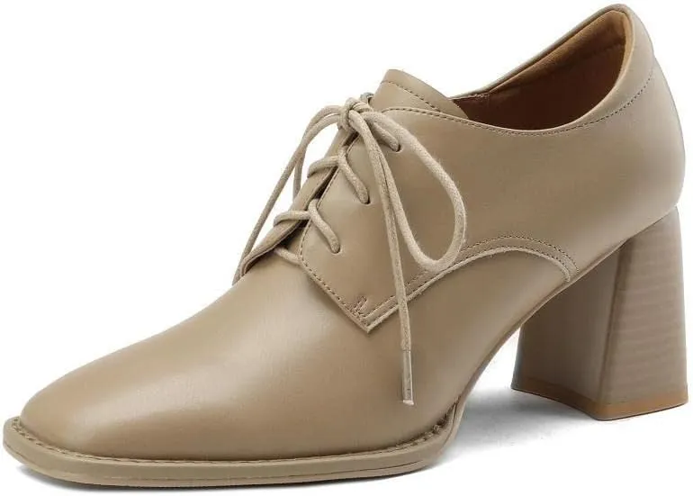 TinaCus Handmade Women's Genine Leather Front Lace Up Square Toe Mid Block Heel Oxford Pumps Shoes