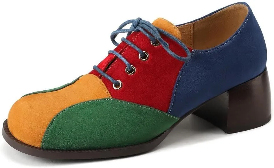 TinaCus Women's Suede Leather Round Toe Lace Up Patchwork Color Handmade Oxford Shoes