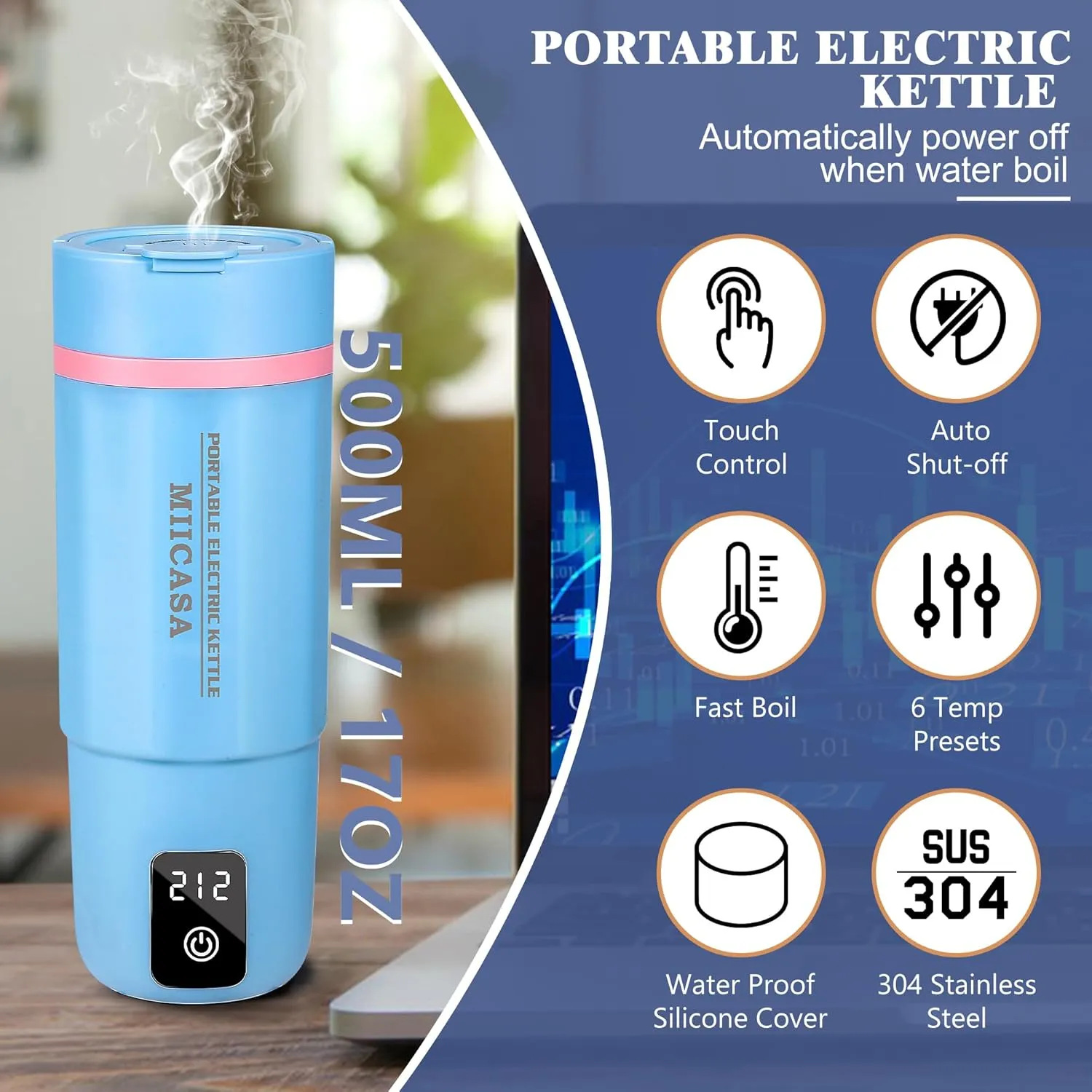 Travel Electric Kettle,Miicasa Small Electric Kettle,Water Boiler with Anti Fall Boot,6 Temperature Control,304 Stainless Steel Auto Shut-Off and Boil Dry Protection,17oz