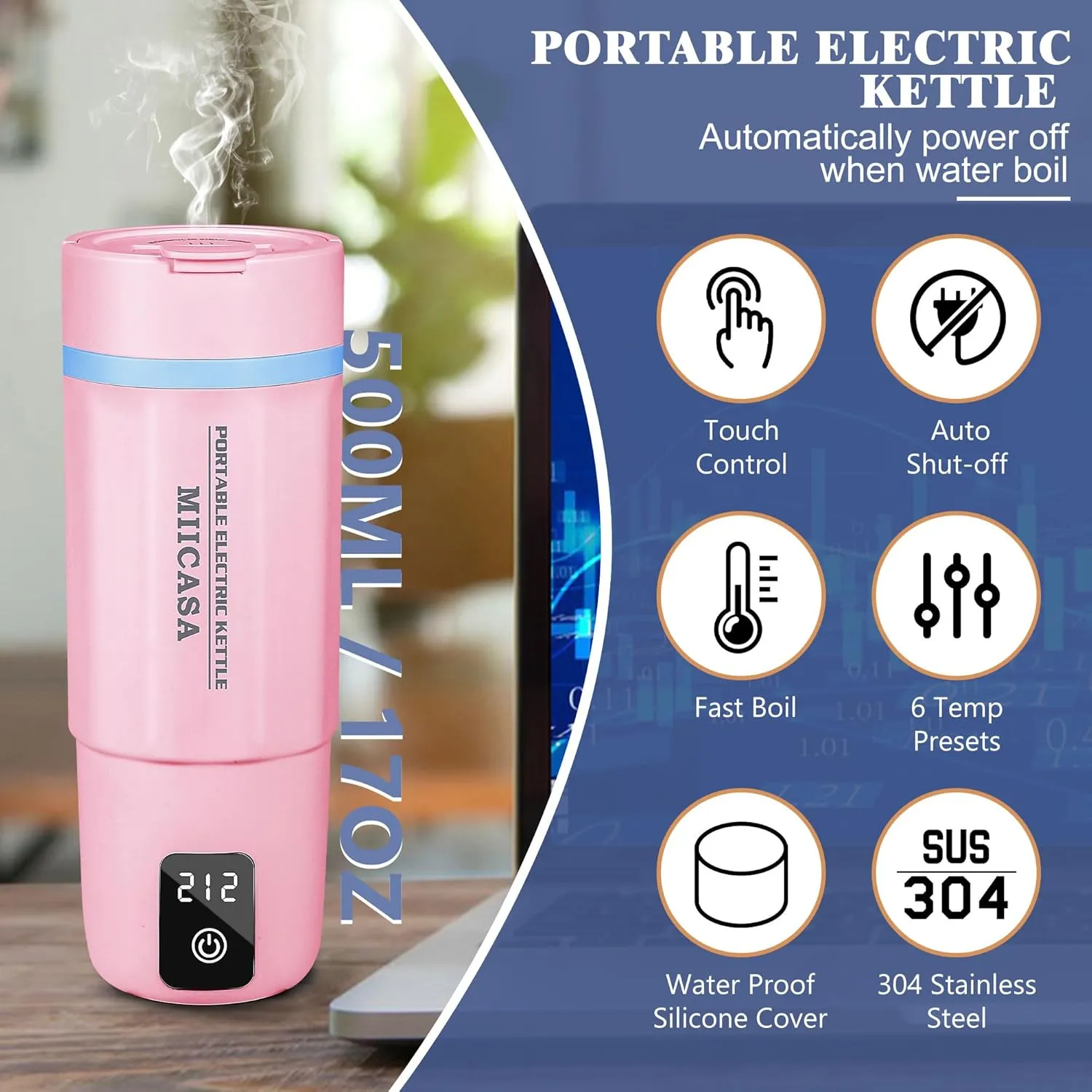 Travel Electric Kettle,Miicasa Small Electric Kettle,Water Boiler with Anti Fall Boot,6 Temperature Control,304 Stainless Steel Auto Shut-Off and Boil Dry Protection,17oz