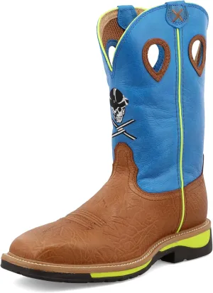Twisted X Men's 12" Western Work Boot, Square Toe Steel Toe, Brown Oiled Shoulder & Neon Blue, 11.5 EE