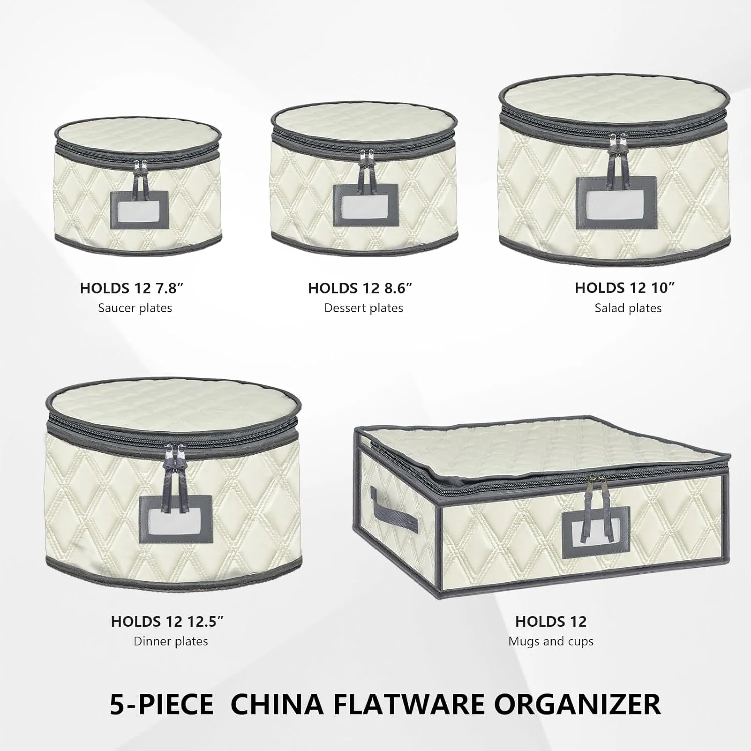 VERONLY 5 Pack China Storage Containers Set (Beige) - Sturdy Quilted Wine Glass & Dish Storage with Dividers - Compact Size
