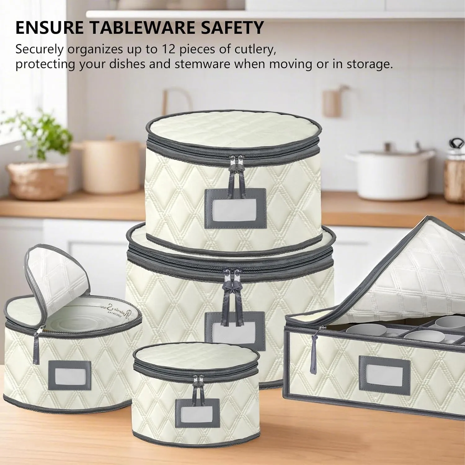 VERONLY 5 Pack China Storage Containers Set (Beige) - Sturdy Quilted Wine Glass & Dish Storage with Dividers - Compact Size