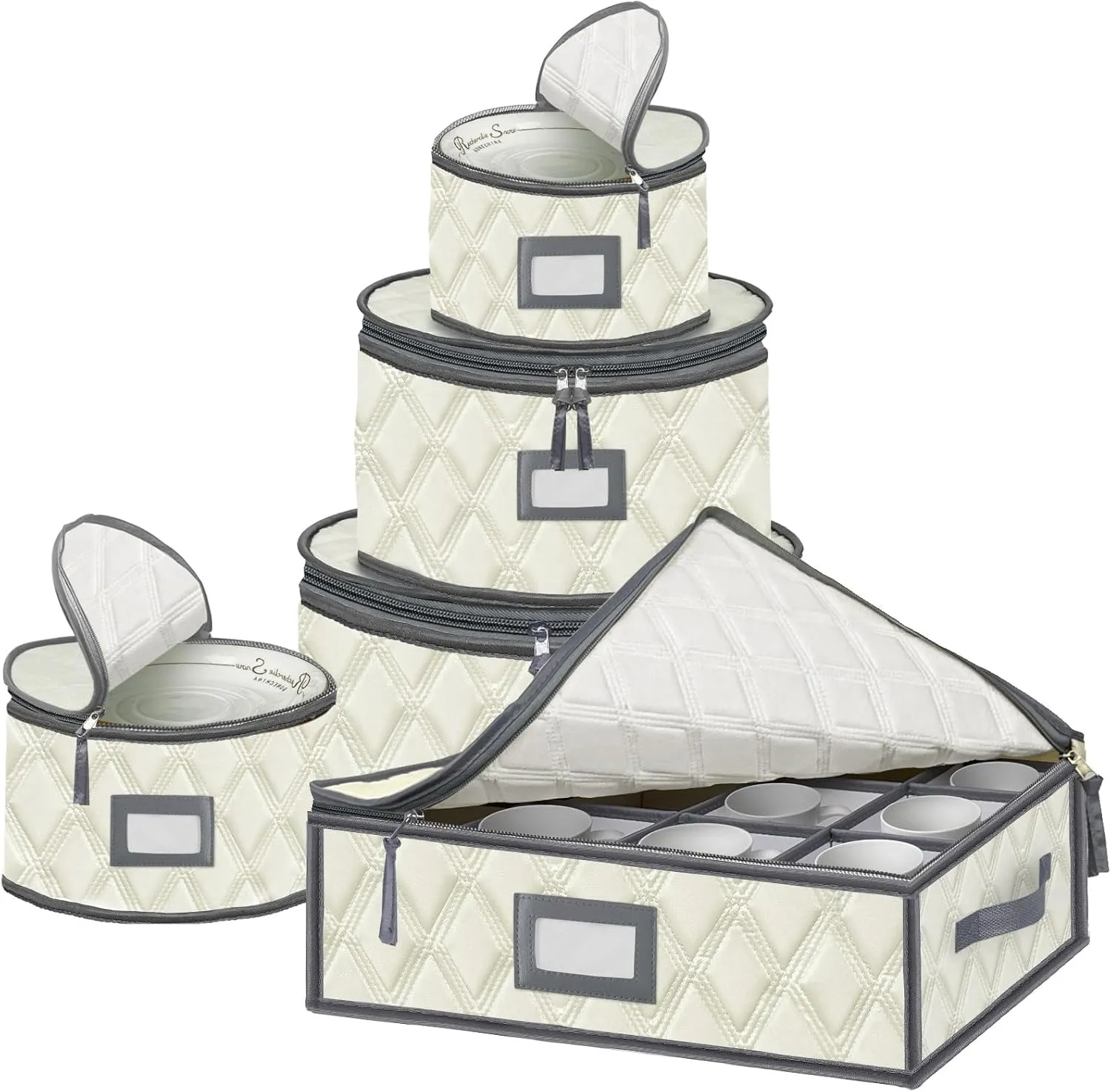VERONLY 5 Pack China Storage Containers Set (Beige) - Sturdy Quilted Wine Glass & Dish Storage with Dividers - Compact Size