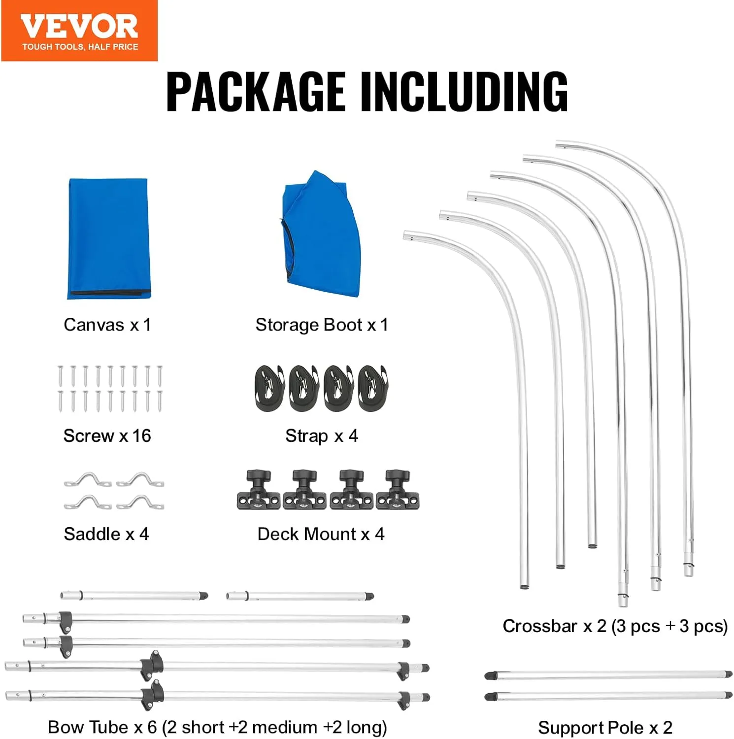 VEVOR 3 Bow Bimini Top Boat Cover, 600D Polyester Canopy with 1" Aluminum Alloy Frame, Waterproof and Sun Shade, Includes Storage Boot, 2 Support Poles, 4 Straps, 6'L x 46"H x 54"-60"W, Pacific Blue