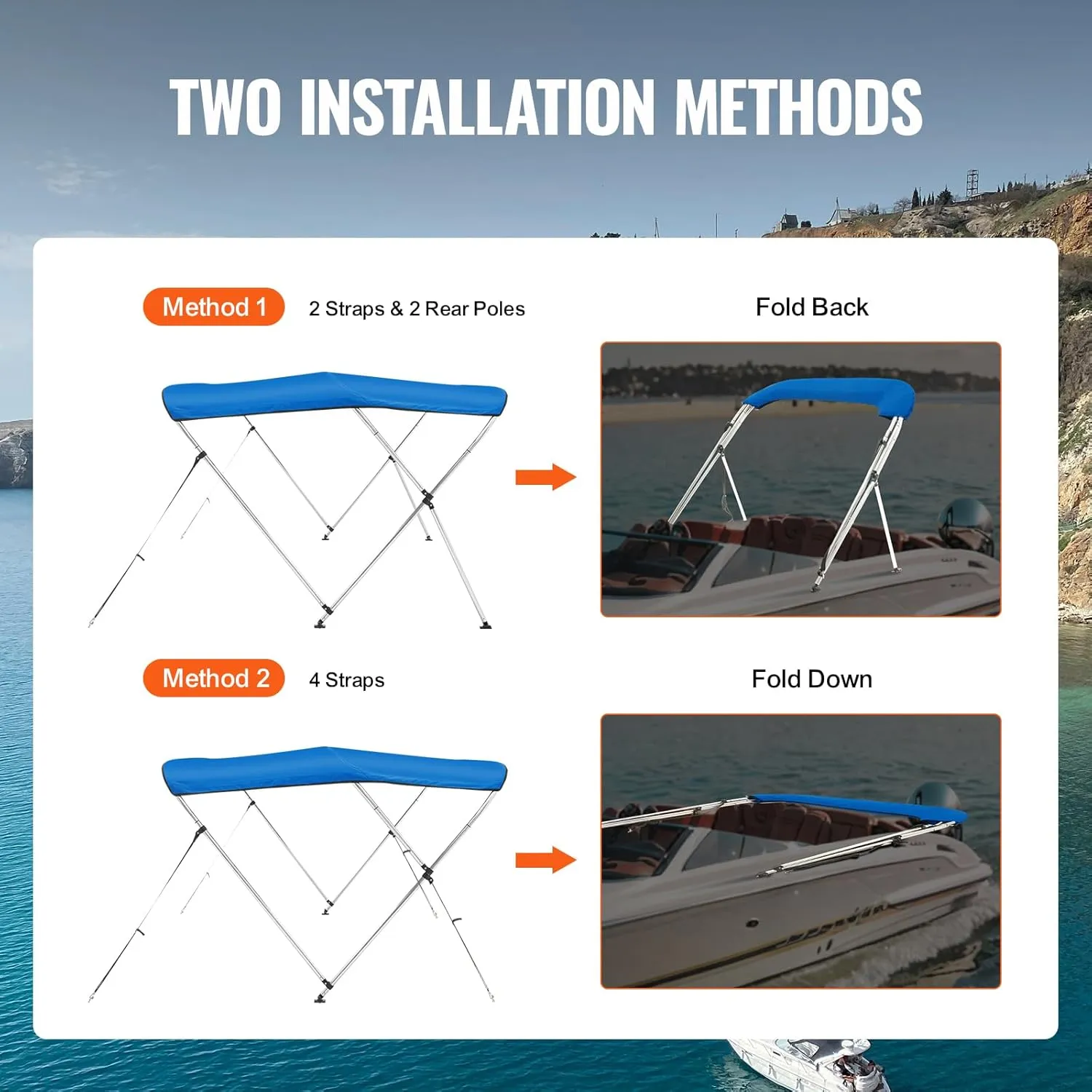 VEVOR 3 Bow Bimini Top Boat Cover, 600D Polyester Canopy with 1" Aluminum Alloy Frame, Waterproof and Sun Shade, Includes Storage Boot, 2 Support Poles, 4 Straps, 6'L x 46"H x 54"-60"W, Pacific Blue