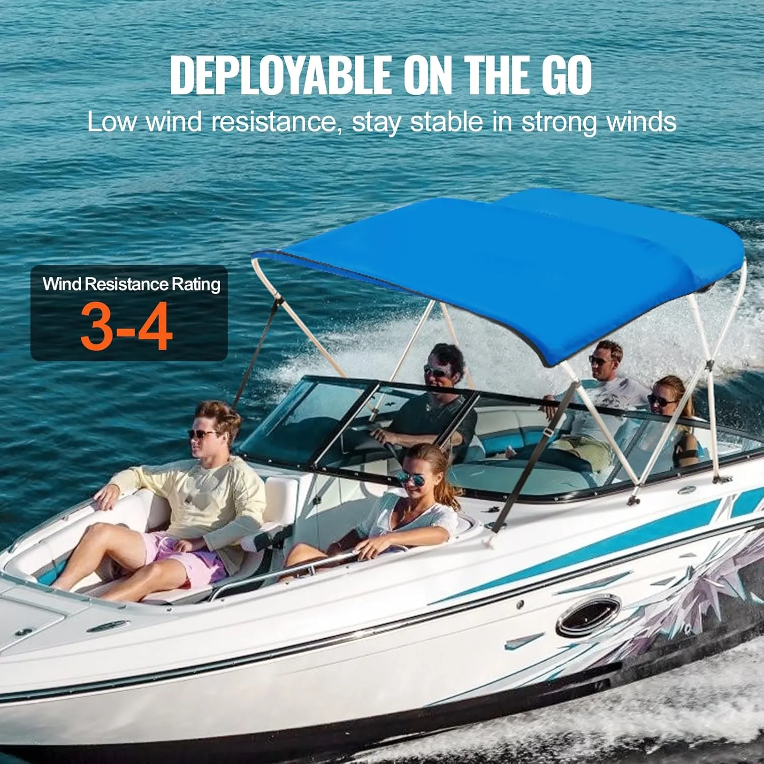 VEVOR 3 Bow Bimini Top Boat Cover, 600D Polyester Canopy with 1" Aluminum Alloy Frame, Waterproof and Sun Shade, Includes Storage Boot, 2 Support Poles, 4 Straps, 6'L x 46"H x 54"-60"W, Pacific Blue