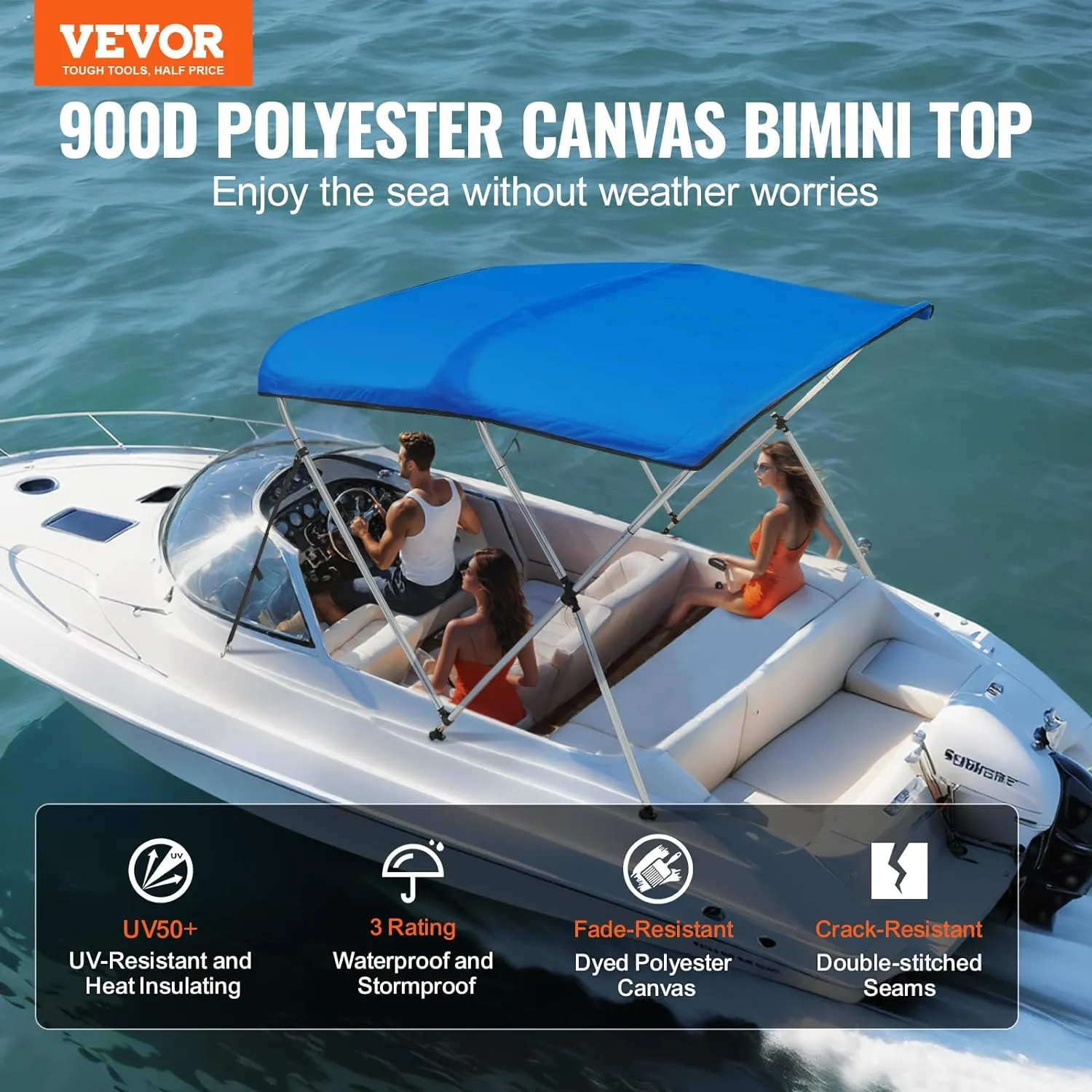 VEVOR 3 Bow Bimini Top Boat Cover, 600D Polyester Canopy with 1" Aluminum Alloy Frame, Waterproof and Sun Shade, Includes Storage Boot, 2 Support Poles, 4 Straps, 6'L x 46"H x 54"-60"W, Pacific Blue