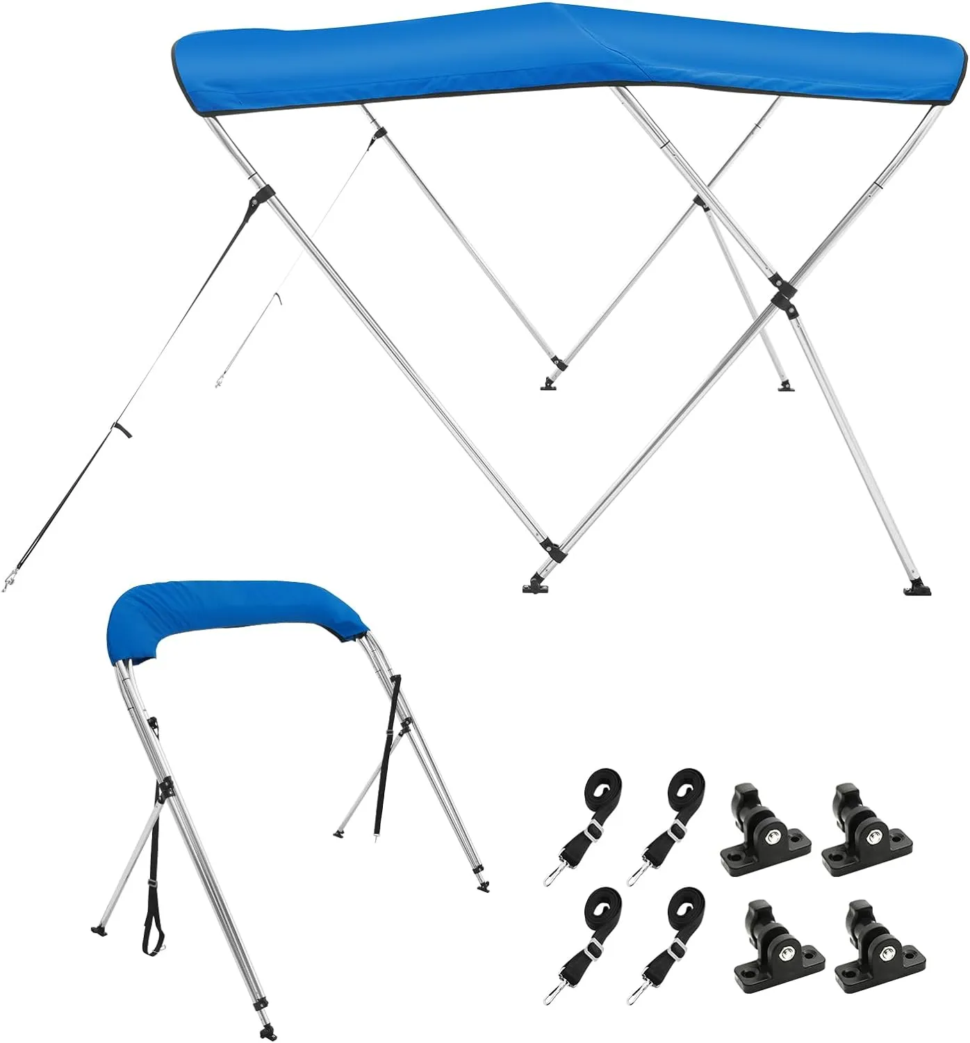 VEVOR 3 Bow Bimini Top Boat Cover, 600D Polyester Canopy with 1" Aluminum Alloy Frame, Waterproof and Sun Shade, Includes Storage Boot, 2 Support Poles, 4 Straps, 6'L x 46"H x 54"-60"W, Pacific Blue