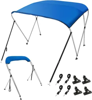 VEVOR 3 Bow Bimini Top Boat Cover, 600D Polyester Canopy with 1" Aluminum Alloy Frame, Waterproof and Sun Shade, Includes Storage Boot, 2 Support Poles, 4 Straps, 6'L x 46"H x 54"-60"W, Pacific Blue