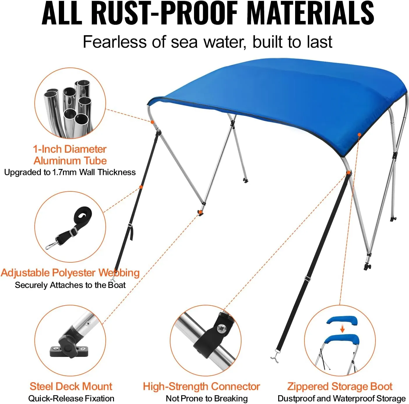 VEVOR 3 Bow Bimini Top Boat Cover, 600D Polyester Canopy with 1" Aluminum Alloy Frame, Waterproof and Sun Shade, Includes Storage Boot, 2 Support Poles, 4 Straps, 6'L x 46"H x 54"-60"W, Pacific Blue